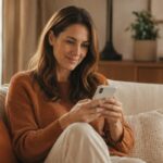 A woman sitting on her sofa using her phone to book a medical appointment