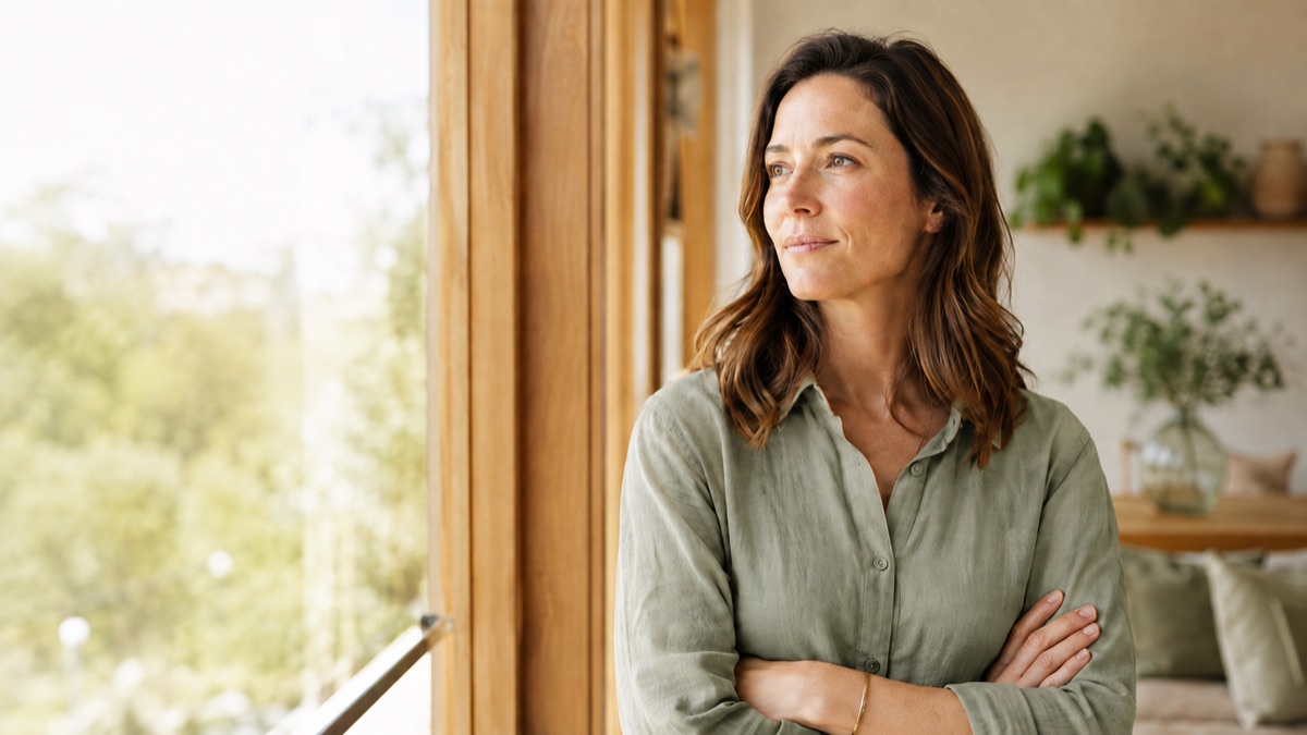 Woman in her forties by a window at home, arms crossed, looking out thoughtfully while considering menopause care options in Australia.