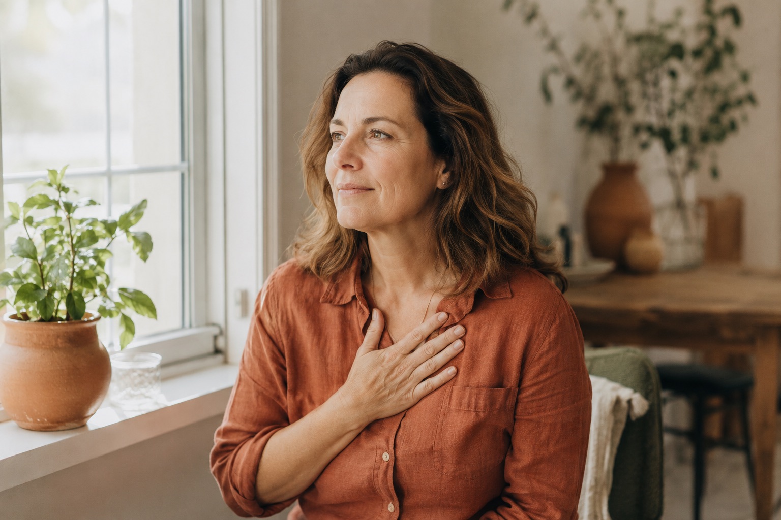 Woman around 47 with a hand on her chest taking a calming breath by a sunlit window, pausing during a busy day