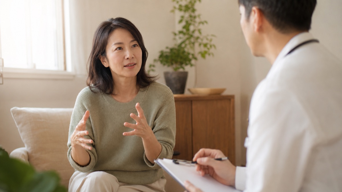 Woman in a consulting room talking with a doctor