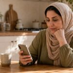 Woman at a sunlit kitchen table checking a period-tracking app on her phone