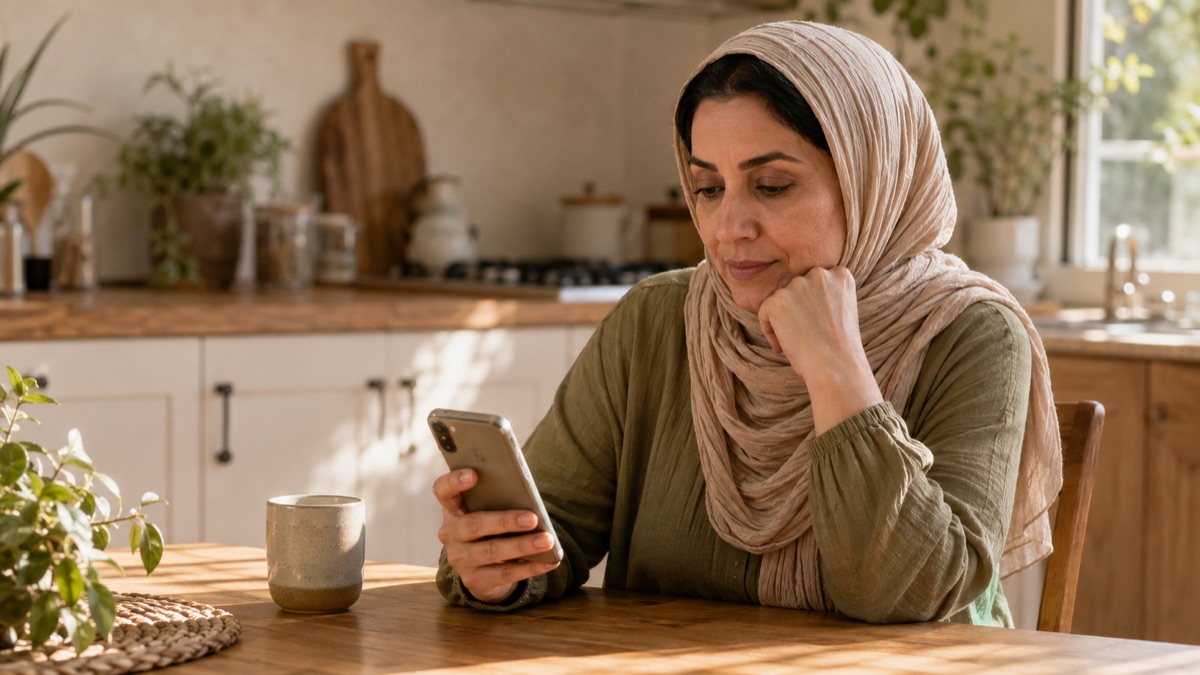 Woman at a sunlit kitchen table checking a period-tracking app on her phone