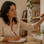 Woman tracking her cycle and mood on a wall calendar
