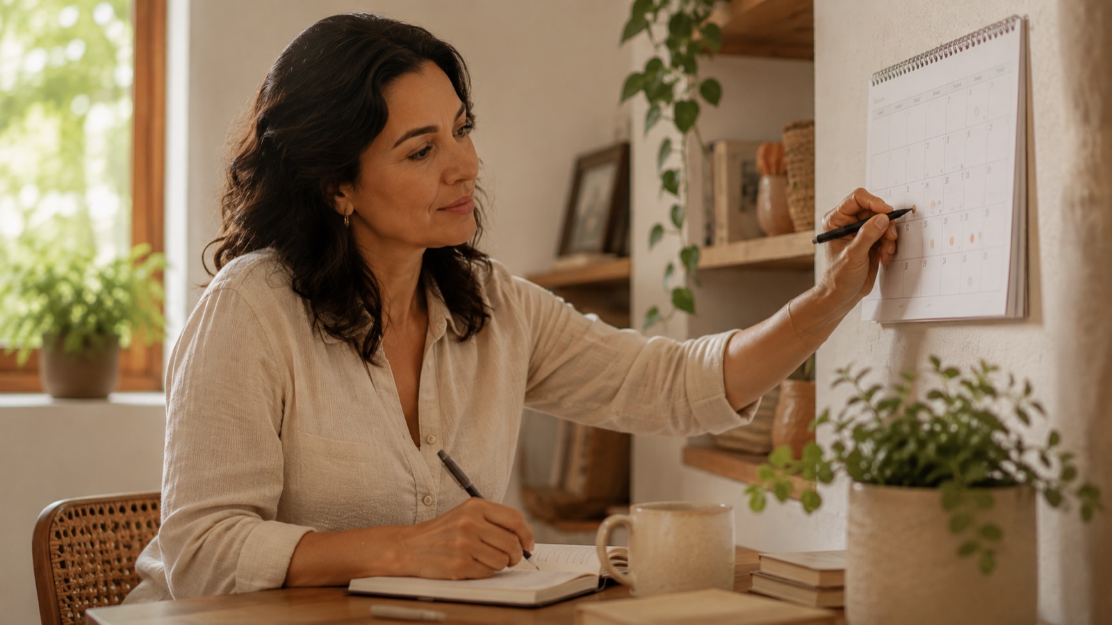 Woman tracking her cycle and mood on a wall calendar