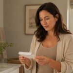 Woman in a bathroom reading a home pregnancy test