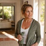 Confident woman around 48 in activewear holding a water bottle in a bright home after a gentle walk