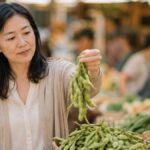 Woman at a produce market holding up fresh edamame pods