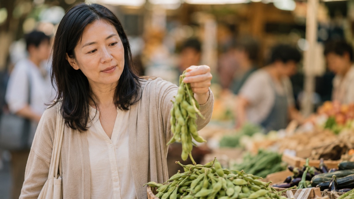 Woman at a produce market holding up fresh edamame pods