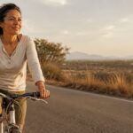 Woman cycling along an open road into warm afternoon light