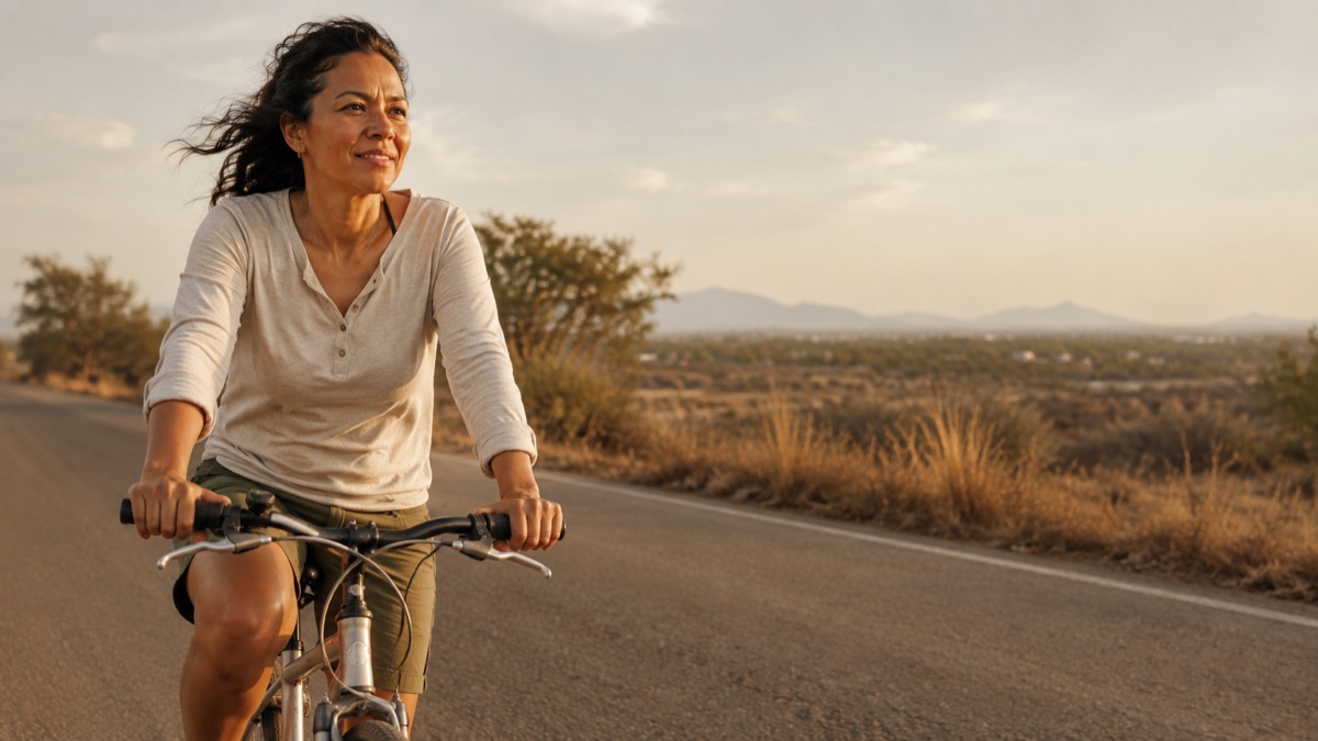 Woman cycling along an open road into warm afternoon light