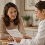 Woman reviewing test results with her doctor while discussing premature ovarian insufficiency