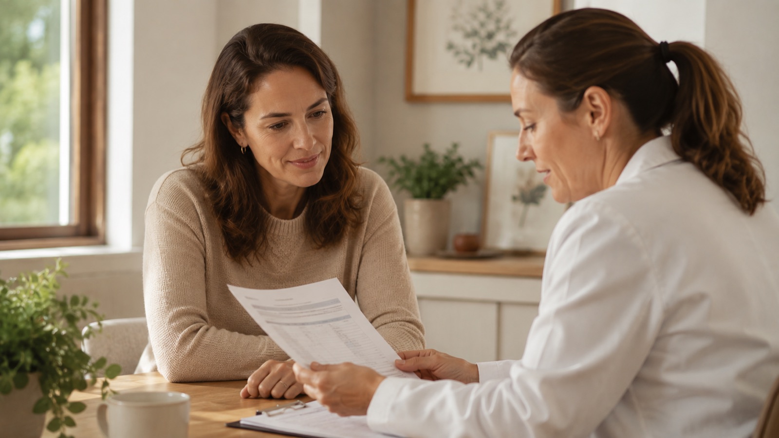 Woman reviewing test results with her doctor while discussing premature ovarian insufficiency