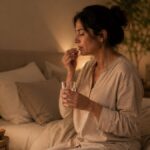 Woman taking a progesterone capsule at bedtime with a glass of water