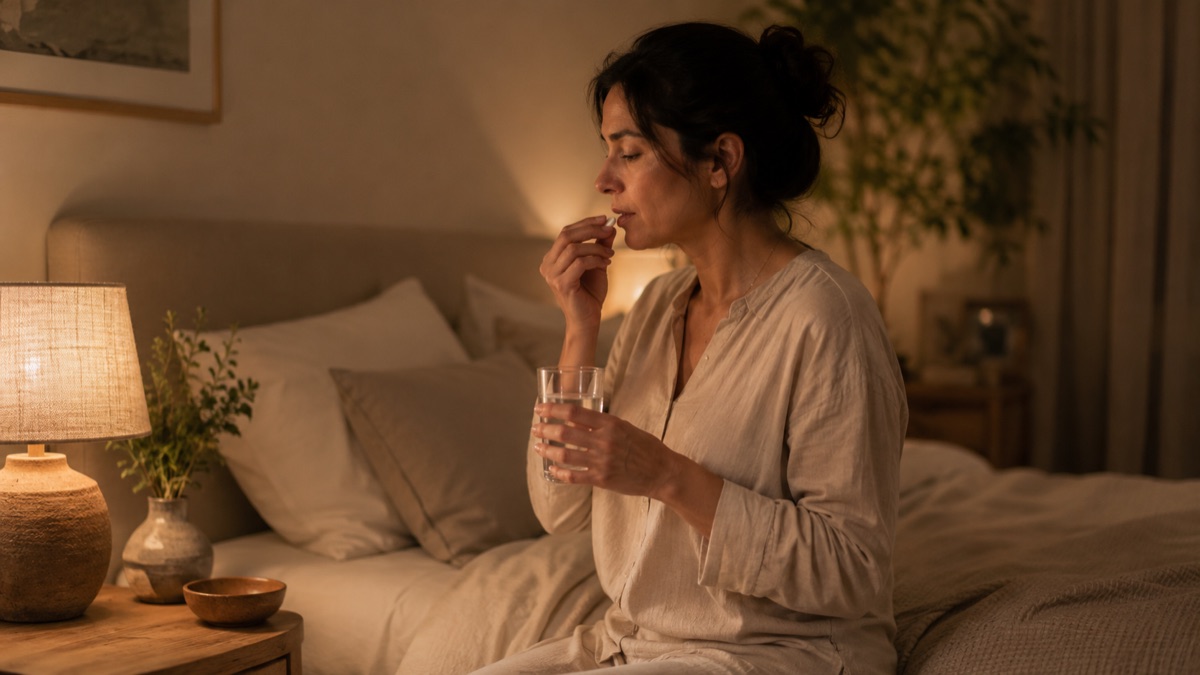 Woman taking a progesterone capsule at bedtime with a glass of water