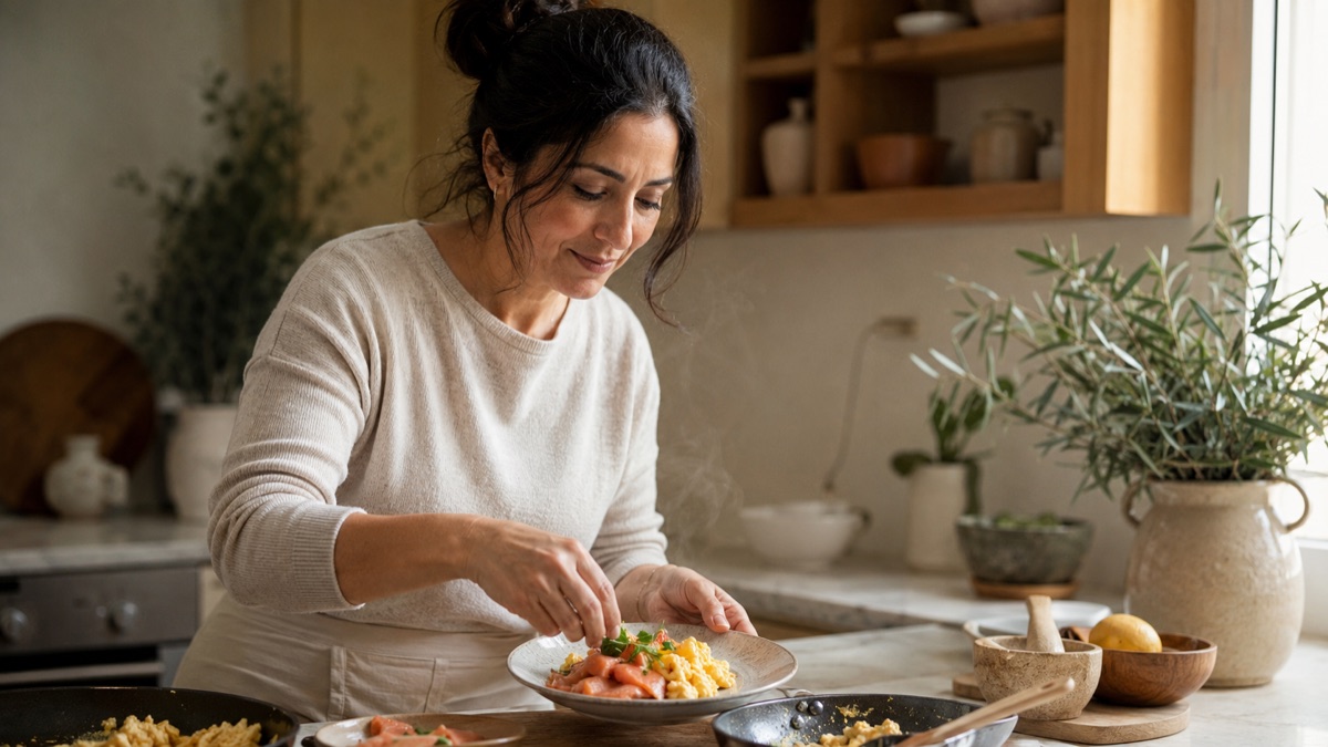 Woman in a warm kitchen plating a protein breakfast of eggs and salmon