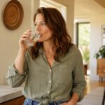 Woman drinking a tall glass of water in a bright kitchen