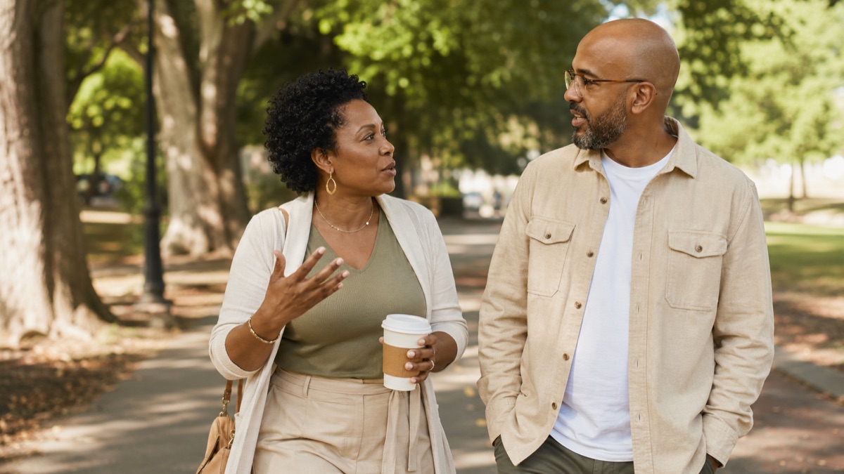 A woman and her partner in conversation on an outdoor walk