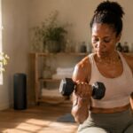 Woman lifting a dumbbell during a strength workout at home