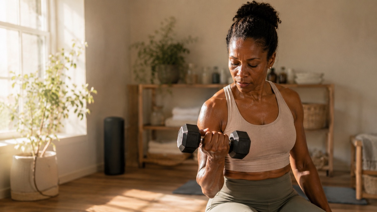 Woman lifting a dumbbell during a strength workout at home
