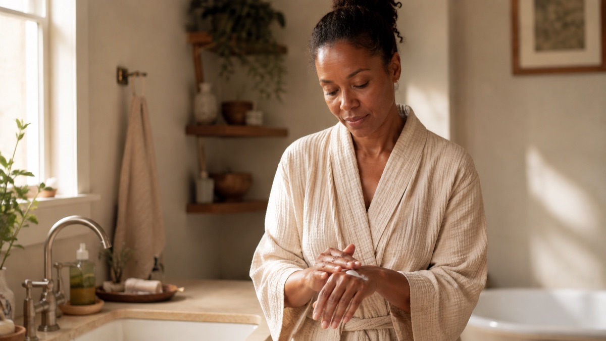 Woman applying moisturiser at a bathroom sink in soft natural light