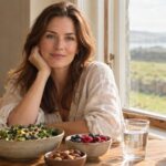 Woman in her early 40s at a wooden table with a spread of whole foods, kale salad, berries and nuts, by a window overlooking the Irish coast