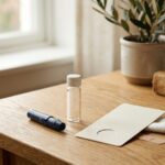 Home finger-prick hormone test kit with lancet, tube and card on a wooden table