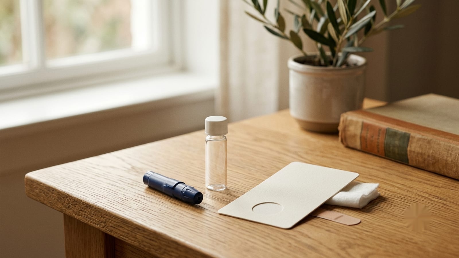 Home finger-prick hormone test kit with lancet, tube and card on a wooden table