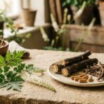 Black cohosh root, leaves and herbal capsules arranged on a stone surface