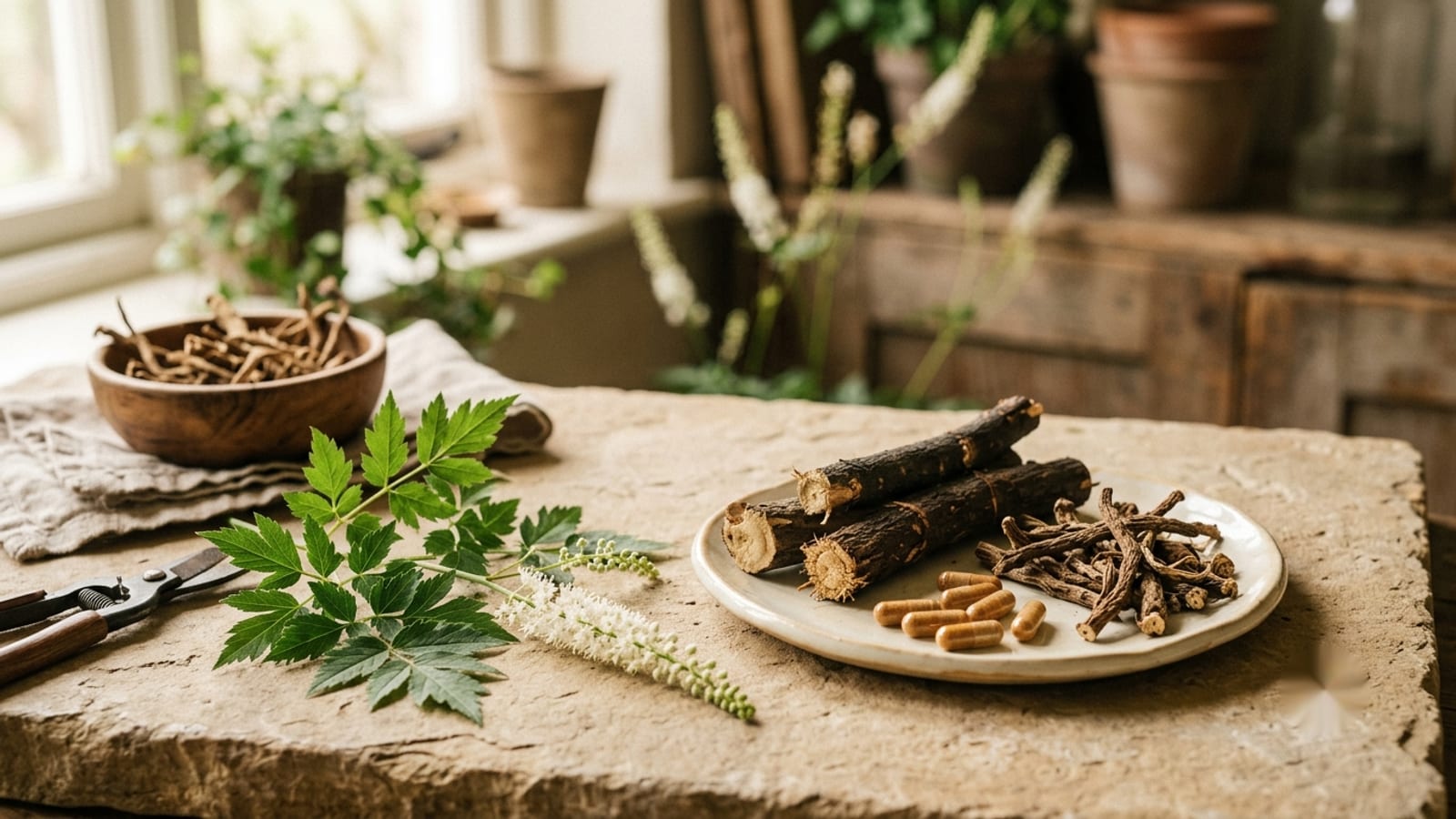 Black cohosh root, leaves and herbal capsules arranged on a stone surface