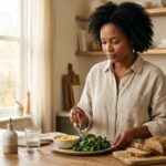Woman in her early 40s preparing a balanced breakfast of eggs and greens in a sunlit kitchen