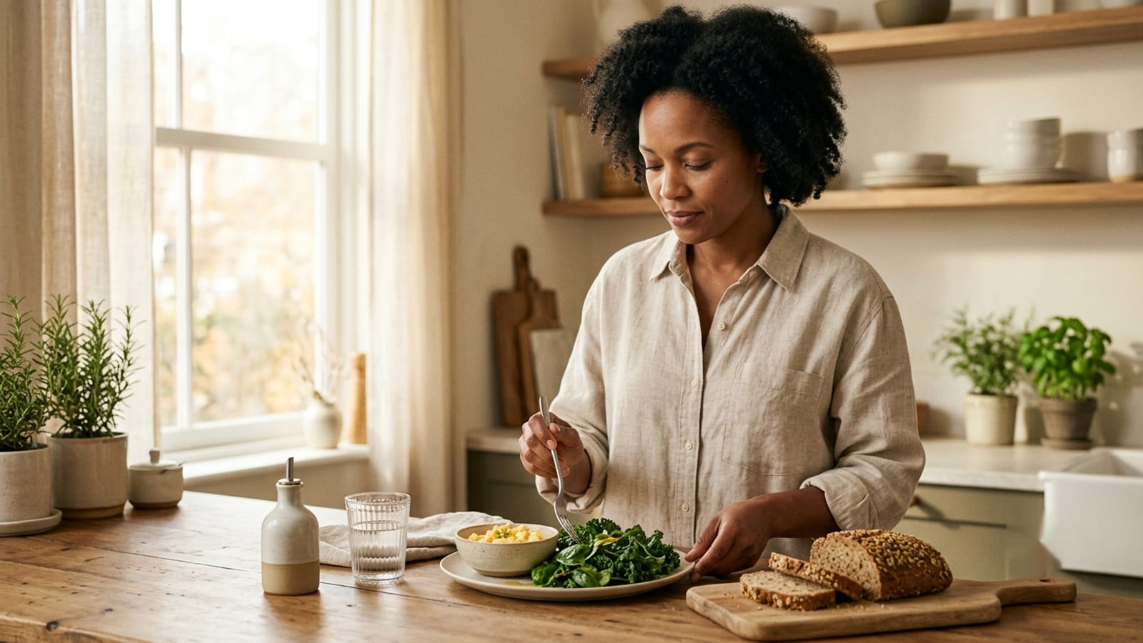 Woman in her early 40s preparing a balanced breakfast of eggs and greens in a sunlit kitchen