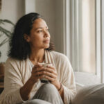 Woman by a window holding a cup of tea, looking reflective in warm natural light