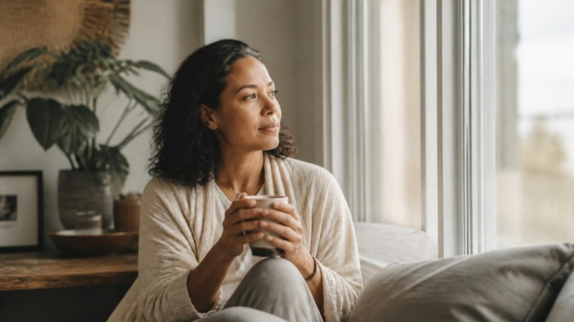 Woman by a window holding a cup of tea, looking reflective in warm natural light