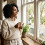 Woman in her early 40s by a window holding a mug, looking out thoughtfully
