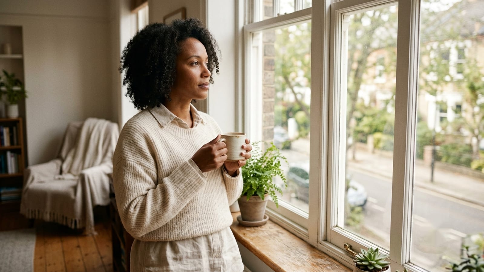 Woman in her early 40s by a window holding a mug, looking out thoughtfully
