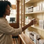 Woman in her early 40s reaching toward a pharmacy shelf