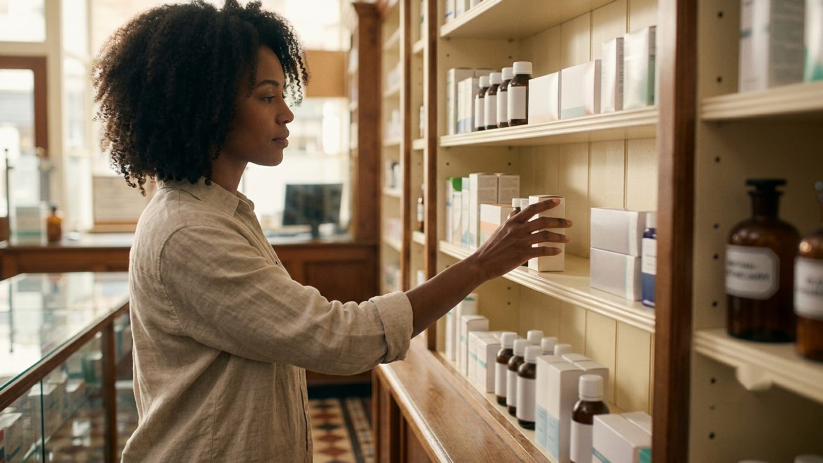 Woman in her early 40s reaching toward a pharmacy shelf