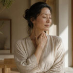 Woman standing in soft sunlight with a hand resting at her collarbone, looking calm