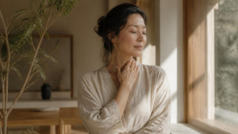 Woman standing in soft sunlight with a hand resting at her collarbone, looking calm