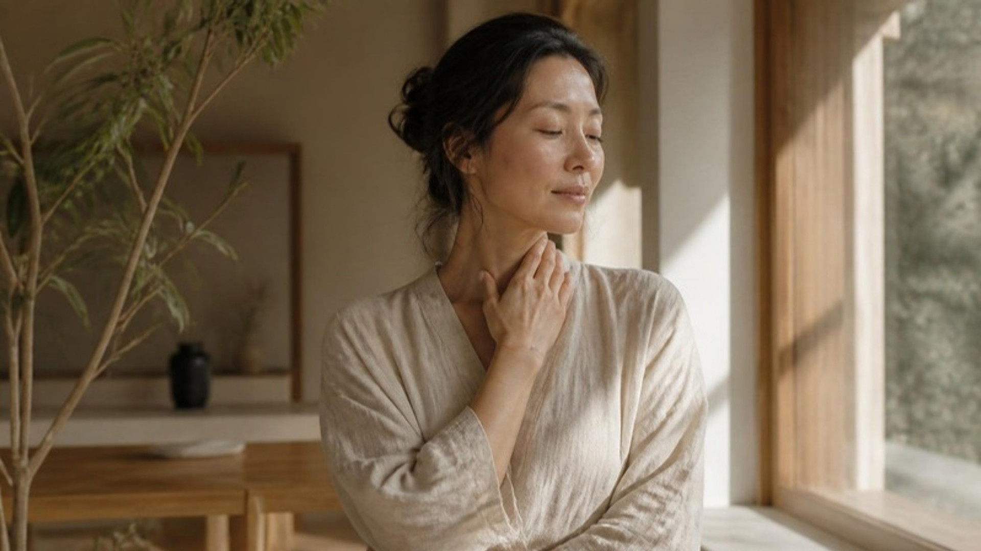 Woman standing in soft sunlight with a hand resting at her collarbone, looking calm