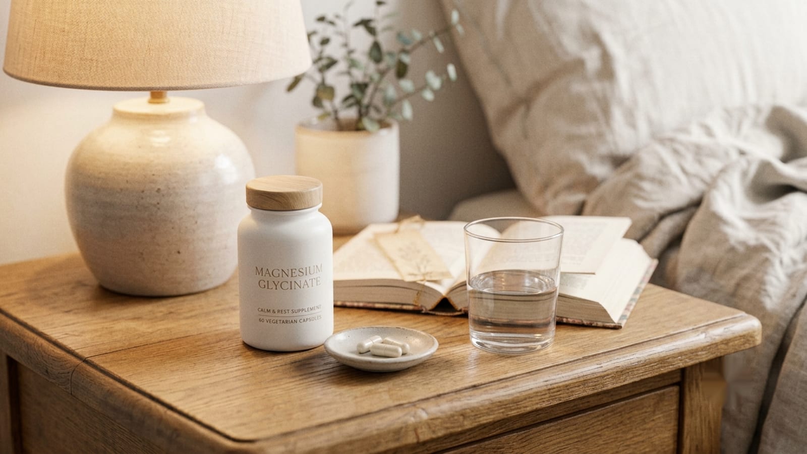Magnesium supplement bottle and a glass of water on a bedside table in the evening
