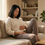 Woman in her early 40s resting a hand on her midsection while sitting on a sofa