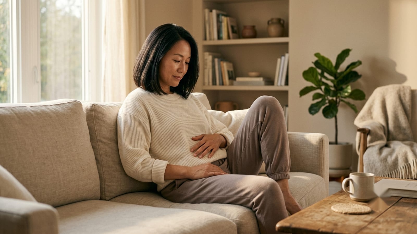 Woman in her early 40s resting a hand on her midsection while sitting on a sofa