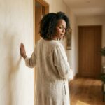 Woman in her early 40s steadying herself with one hand against a hallway wall