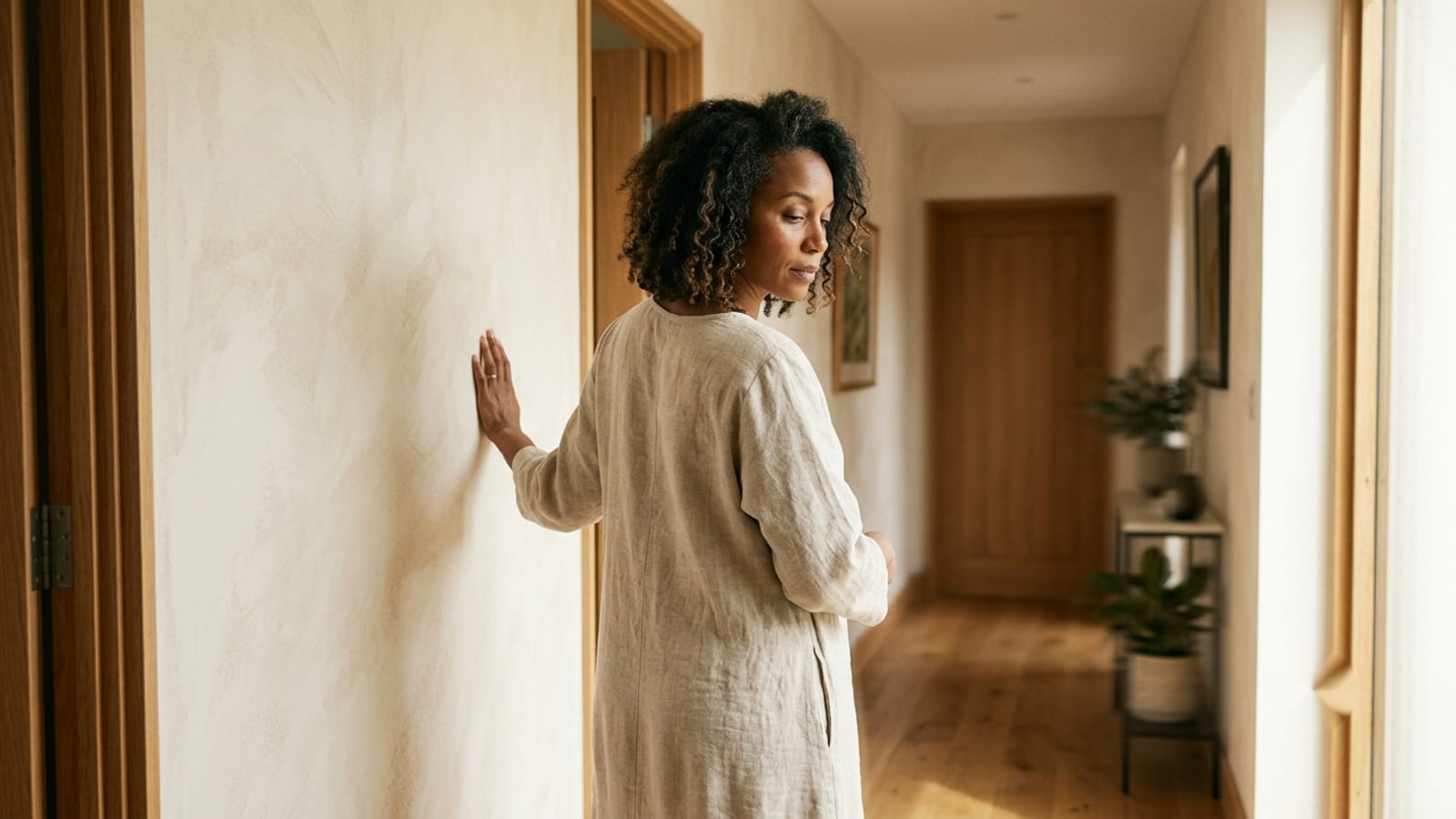 Woman in her early 40s steadying herself with one hand against a hallway wall