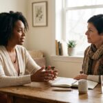 Woman in her early 40s talking with a clinician across a table