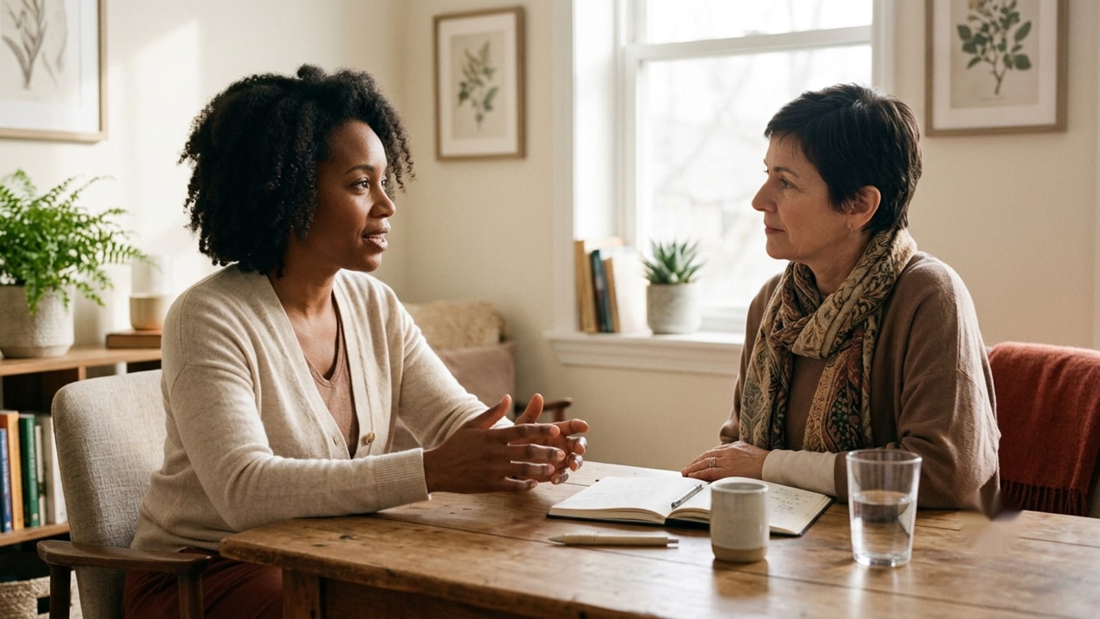 Woman in her early 40s talking with a clinician across a table